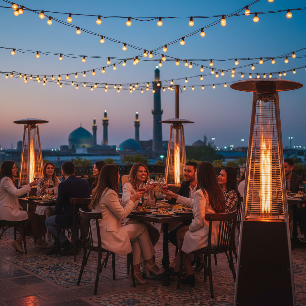 Wide-angle shot of a beautiful, lively restaurant terrace in Isfahan at twilight. String lights glow overhead. Several groups of friends are laughing and enjoying their food. Between the tables, elegant, dark-metal parasol heaters cast a warm, inviting glow on the happy customers. The background shows the cool blue evening sky. Professional photography, warm tones, bokeh background, high resolution. 