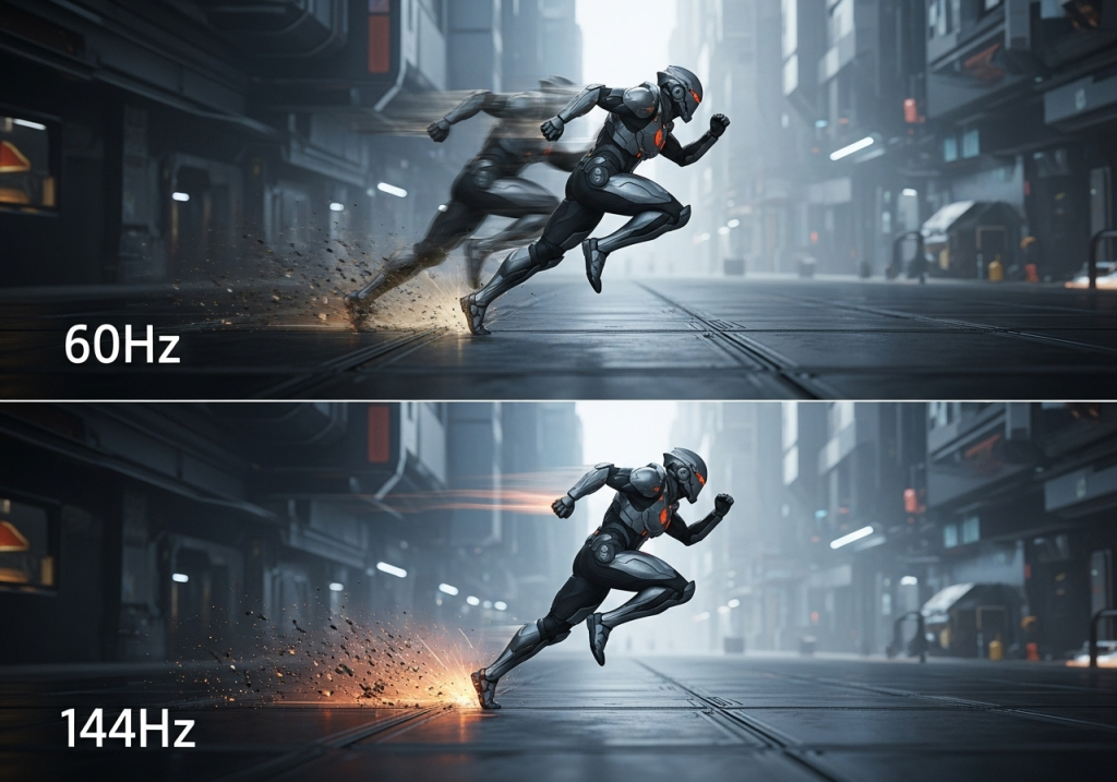 مقایسه تاری حرکت (Motion Blur) در یک نمایشگر 60Hz در برابر وضوح تصویر در نمایشگر 144Hz.