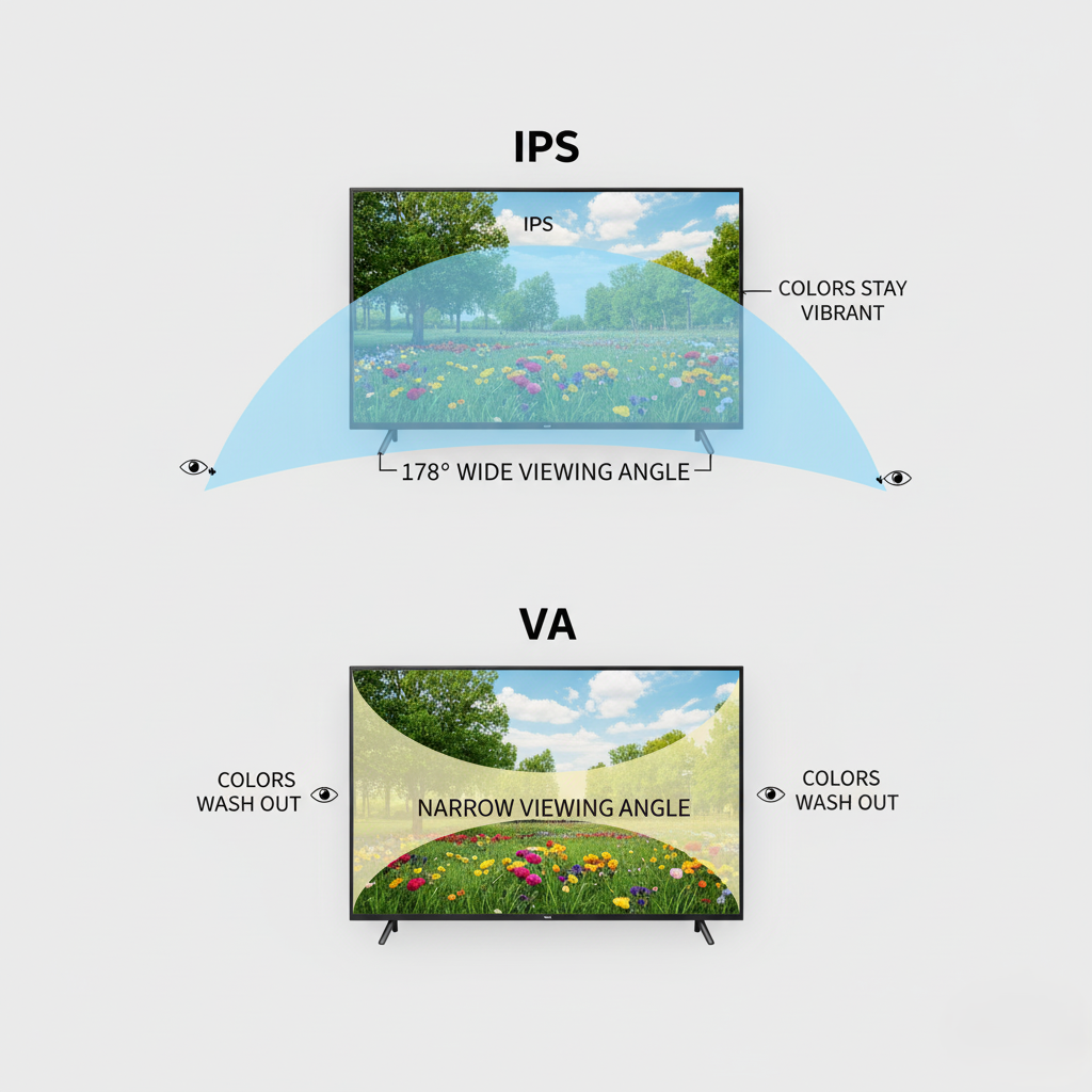 اینفوگرافیک تفاوت زاویه دید گسترده در پنل IPS در برابر زاویه دید محدود در پنل VA.