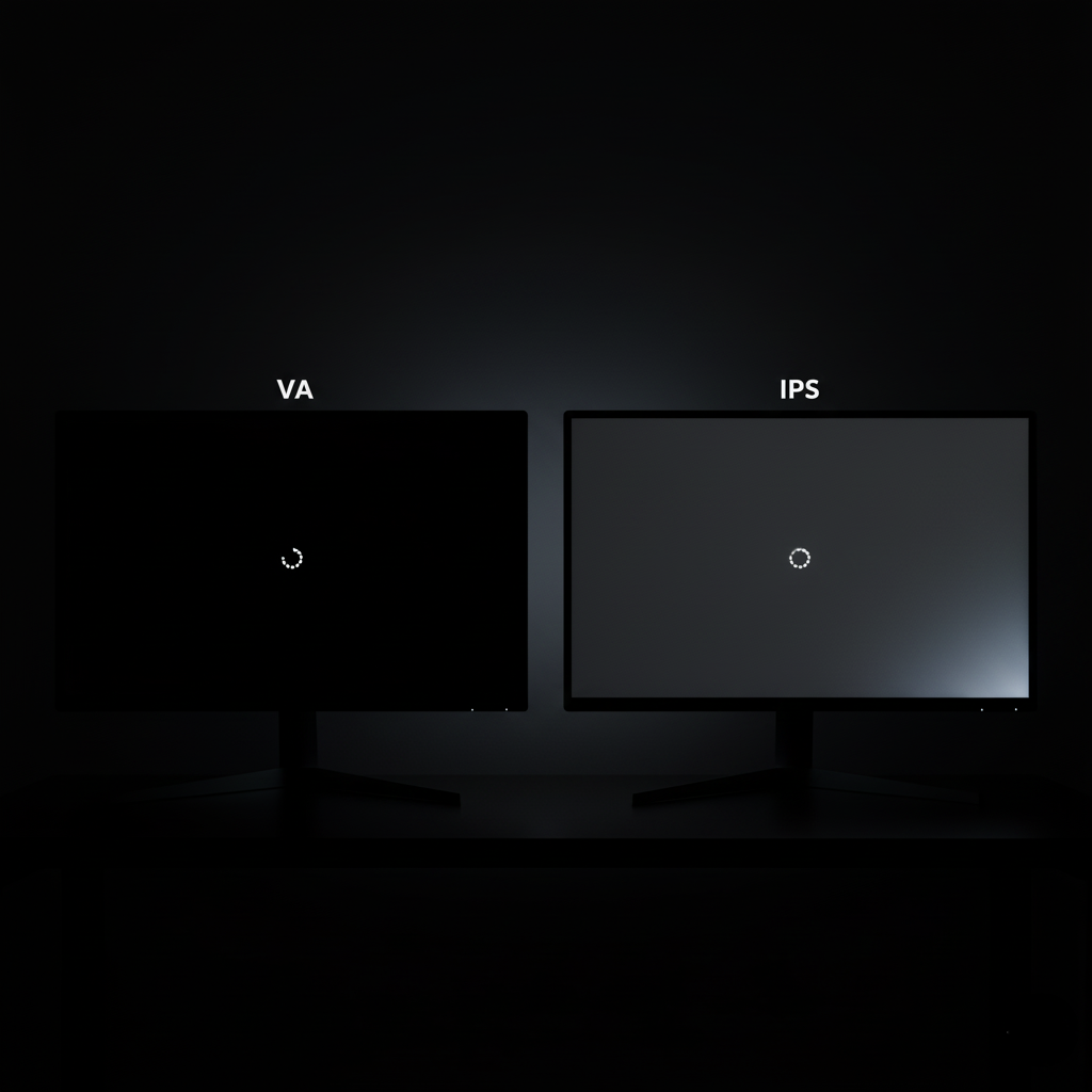 مقایسه عمق رنگ سیاه و کنتراست در پنل VA (سیاه عمیق) در برابر پدیده IPS Glow در پنل IPS (سیاه متمایل به خاکستری).