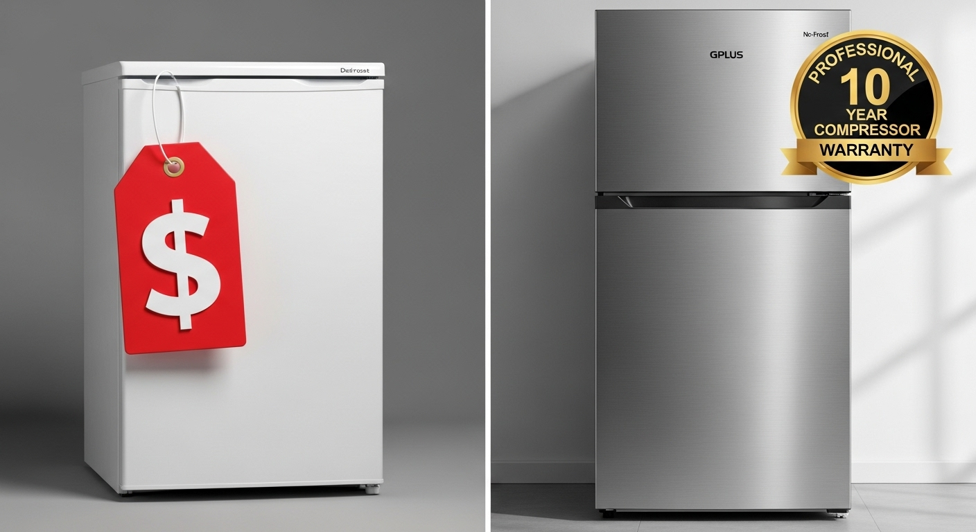 مقایسه یخچال ارزان با برچسب قیمت پایین در برابر یخچال به‌صرفه با گارانتی ۱۰ ساله کمپرسور.