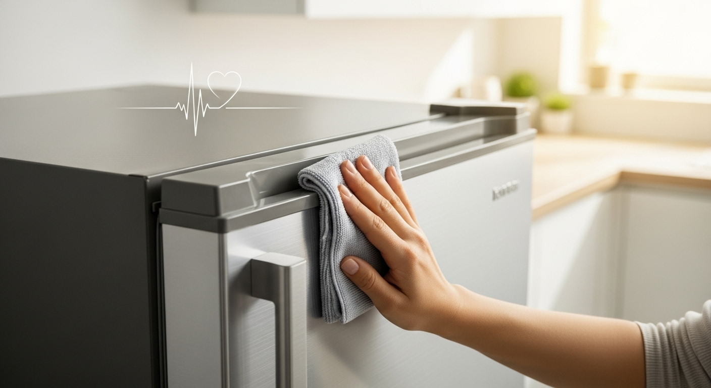 فردی در حال تمیز کردن نوار دور درب یک یخچال مدرن به منظور افزایش عمر دستگاه.