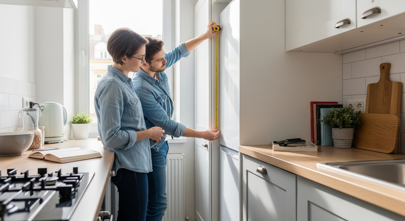 فردی در حال اندازه‌گیری دقیق فضای خالی در آشپزخانه‌ای کوچک و مدرن برای خرید یخچال جدید