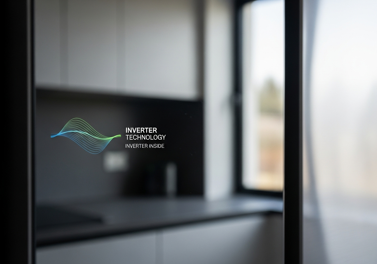 نمای کلوزآپ از سطح براق یخچال مدرن با نماد گرافیکی موج انرژی، نشان‌دهنده تکنولوژی کمپرسور اینورتر.