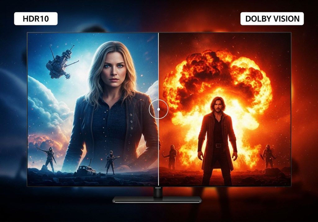 مقایسه کیفیت تصویر Dolby Vision در برابر HDR10 که جزئیات بهتر دالبی ویژن در نقاط روشن و تاریک را نشان می‌دهد.