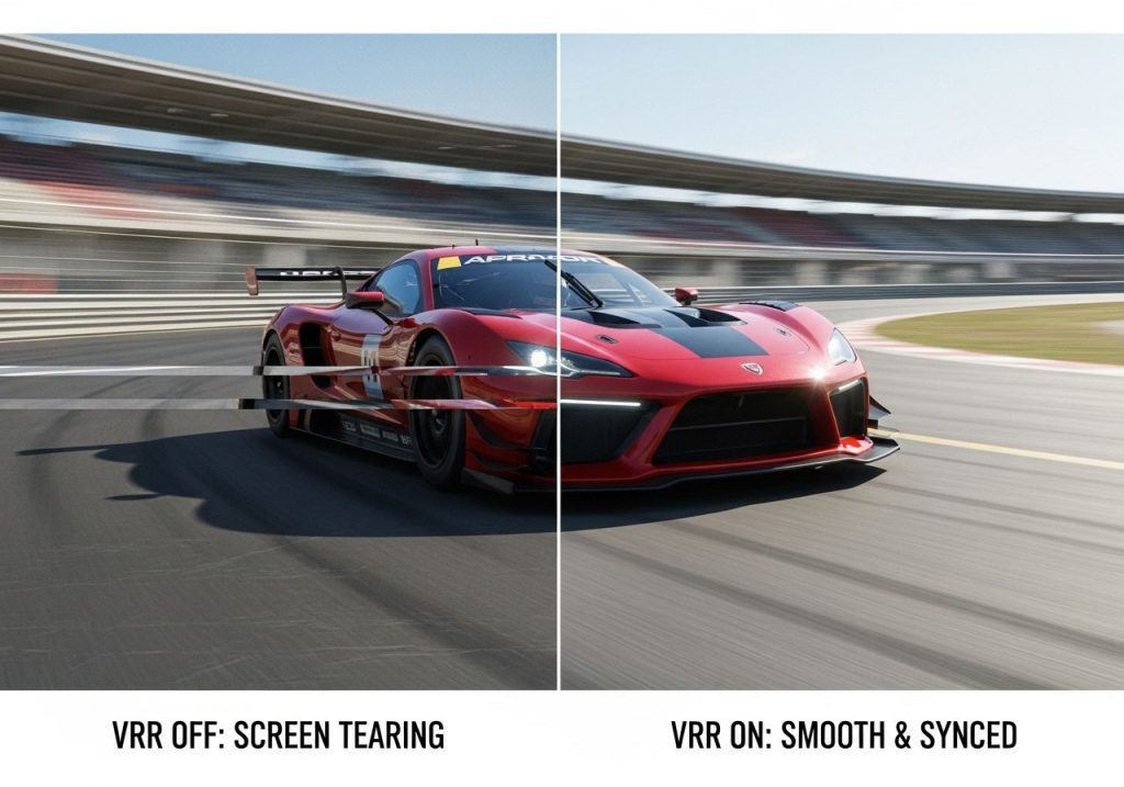 اینفوگرافیک مقایسه پارگی تصویر (Screen Tearing) در حالت VRR خاموش در برابر تصویر روان و یکپارچه در حالت VRR روشن در گیمینگ.