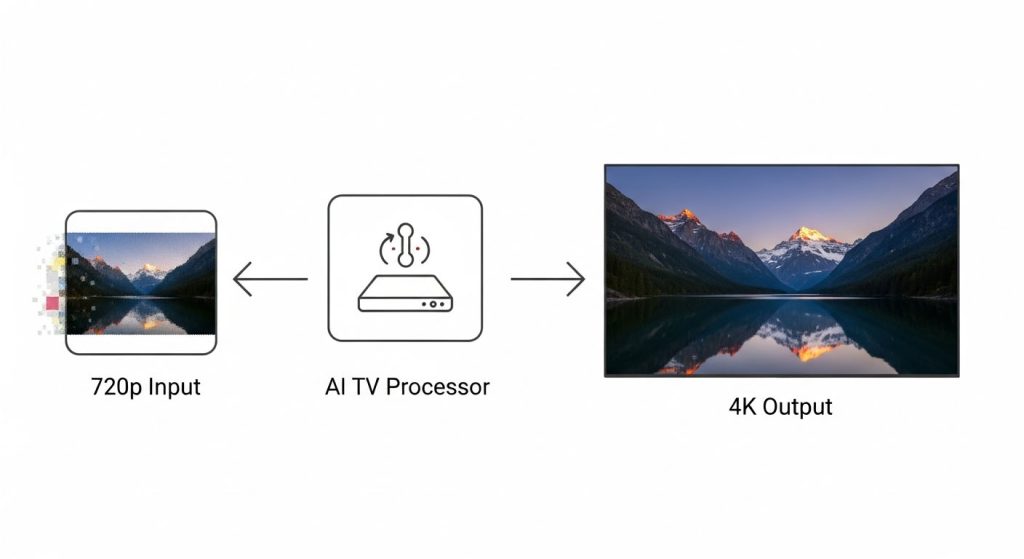 اینفوگرافیک نمایش عملکرد پردازنده تلویزیون در ارتقای کیفیت تصویر (Upscaling) از HD به 4K.