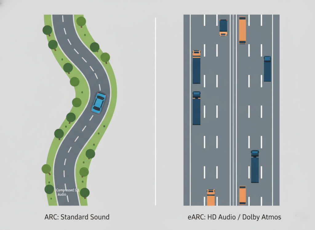 اینفوگرافیک مقایسه پهنای باند ARC (جاده باریک) و eARC (اتوبان پهن برای صدای دالبی اتموس).