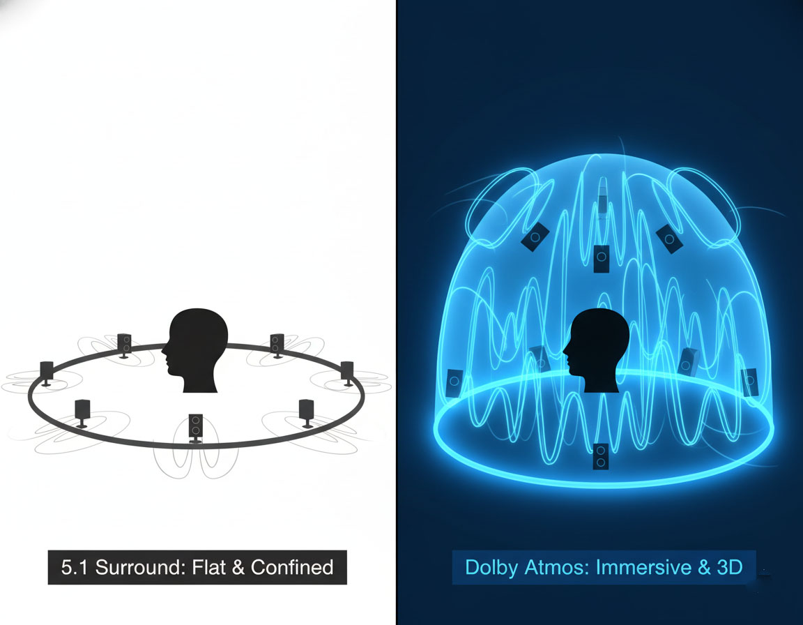 اینفوگرافیک مقایسه صدای 5.1 کاناله (دو بعدی و افقی) در برابر صدای دالبی اتموس (سه بعدی و دارای ارتفاع).