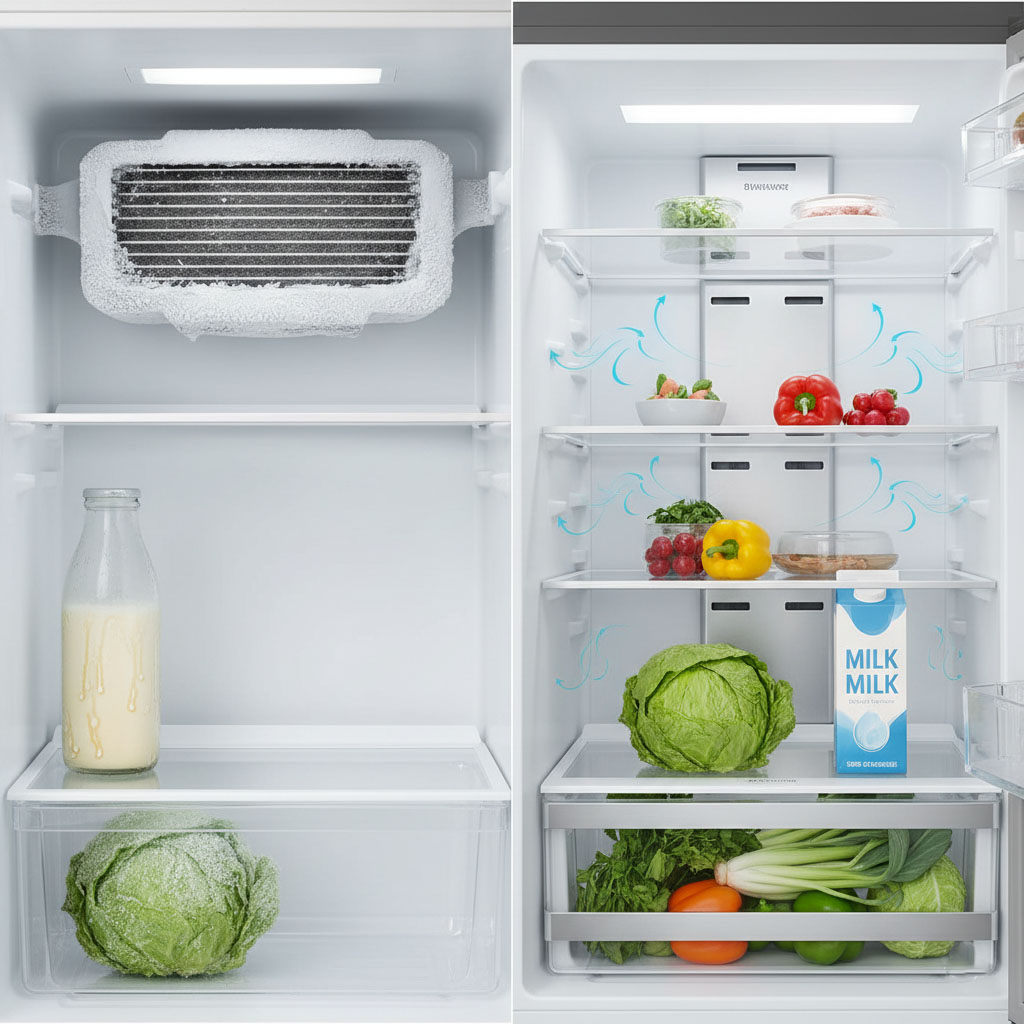 مقایسه یخچال قدیمی با دمای غیراکنواخت و یخچال مدرن با سیستم گردش هوای چندگانه و دمای یکنواخت.
