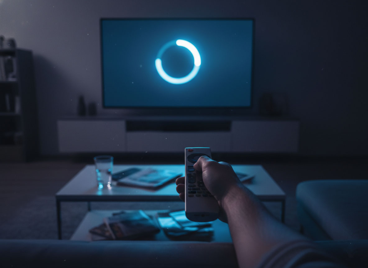 تصویر کلافگی کاربر از کندی تلویزیون هوشمند و گیر کردن روی حالت بارگذاری (Loading).